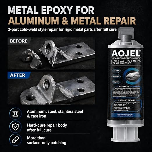 Metal Epoxy Repair System for Aluminum & Metal, 2-Part Cold Weld Load-Bearing Waterproof, Oil & Heat Resistant 392°F, Drillable Sandable Paintable, 30-Min Working Time 1.69 oz