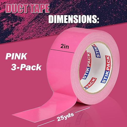 3 Rolls Pink Duct Tape, Heavy Duty Strong Industrial Colored Duct Tape 9mil x 2inch x 25yds Flexible, No Residue, Waterproof and Tear by Hand, Multi-Use for Indoor & Outdoor Repairs