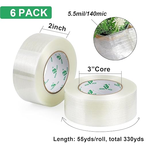 BOMEI PACK 6PACK Reinforced Packing Tape, 5.5Mil 2Inx 55Yds, Heavy Duty Filament Strapping Tape 2inch for Packing Shipping, Moving and Storage, Total 330yds