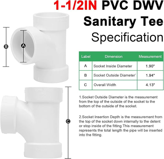 4Pack 1-1/2IN PVC DWV Sanitary Tee 3-Way PVC Pipe Fittings Adapter Furniture Build Grade SCH40 PVC Elbow Fittings Connector for Drain, Waste, Vent