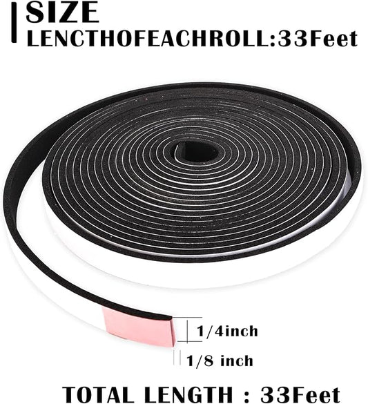 1/4inch Wide x 1/8inch Thick Closed Cell Foam Weatehr Stripping Tape,33Ft | Single Sided, High Density, Soundproof, Self-Adhesive Foam Insulation Strip for Door Frame, AC Window Units, Black