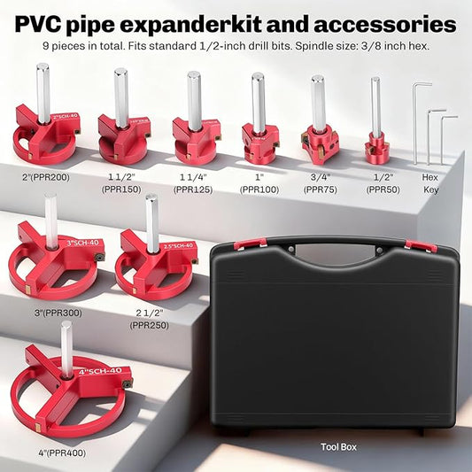PVC Pipe Reamer, 9Pcs Pipe Reamer for SCH40, Includes 1/2 inch, 3/4 inch, 1 inch, 1-1/4inch, 1-1/2inch, 2inch, 2-1/2inch, 3inch, 4inch Head Aluminum with 2 Blades PVC Fitting Saver