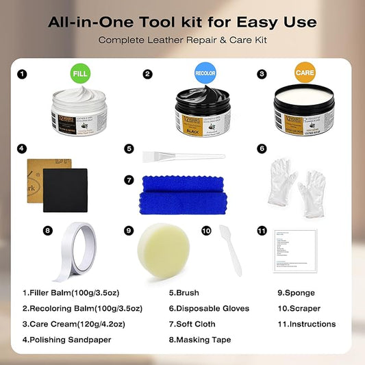 12H Quick-Dry Leather Repair Kit with 3.53Oz Red Leather Recoloring Balm, Filler & 4.23Oz Care Cream, 3-in-1 Vinyl Repair Set for Sofa, Car Seats, Jackets, Purses, Shoes, Faux Leather and More