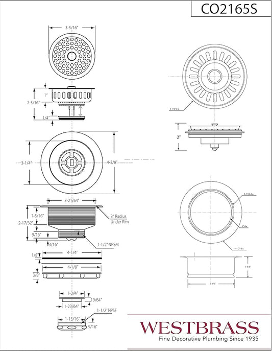 Westbrass CO2165S-26 COMBO PACK 3-1/2" Post Style Large Kitchen Sink Basket Strainer and Waste Disposal Drain Flange with Basket Strainer, Polished Chrome