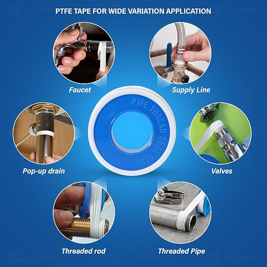 Supply Giant Plumbers PTFE Tape 1/2" W x 1080" L 10 Rolls Pipe Thread Tape, High Density Thread Sealant Tape Water Seal Plumbing Tape for Shower Head, Pipes, Gas Lines, Leak Prevention