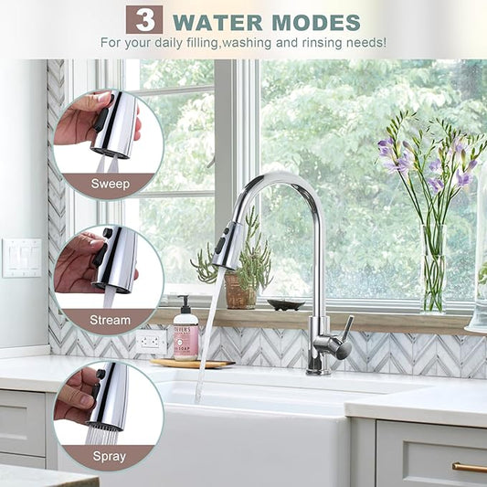 Chrome Kitchen Faucet with Sprayer, WOWOW Pull Down Kitchen Sink Faucet Stainless Steel Utility Sink Faucet with Deck Plate, Kitchen Tap for RV, Laundry, Bar