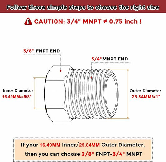 Packs of 6, 3/4" Male NPT NPT3/8" FeMale NPT Solid 304 Stainless Steel Hex Bushing, Hose Fittings Adapter Reducer for Bathroom Remodel, Tool Extensions