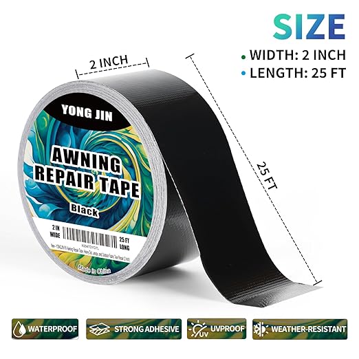 YONGJIN RV Awning Repair Tape, Heavy Duty Outdoor Tent Repair Tape and Tarp Tape, Waterproof Tarp Patch Kit for Camper, Boat Covers, Leather, Canvas, Rubber, Plastic, Heat Resistant (2 inch)