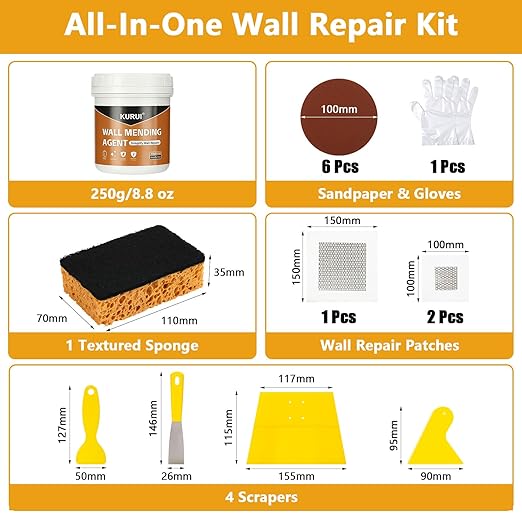 KURUI Drywall Repair Kit, 8.8oz Spackle Wall Repair Paste with Scraper, 6 Sandpaper Sheets & Self Adhesive Dry Wall Patch Kits, Easy Hole Filler for Drywall, Plaster and Home Repair