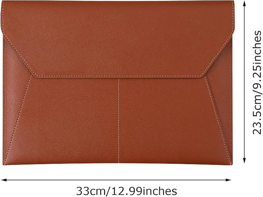 PU Leather A4 File Folder Document Holder with 3 Pockets Waterproof Stylish Envelope Folder Case with Snap Closure (Brown)
