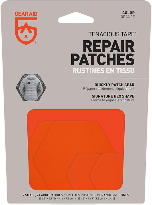GEAR AID Tenacious Tape Hex – 2.5” & 1.5” Repair Patches (8 Patches: Four 2.5” & Four 1.5”, Orange) – Peel-and-Stick Outdoor Nylon Fabric to Fix Holes and Burns in Down Jackets, Rain Gear and Tents