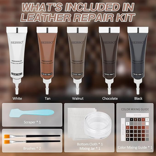SEISSO Brown Leather Repair Kit for Furniture, Vinyl Couch Repair Kit for Sofa,Restores Any Material, Bonded, Pleather, for Scratch, Tears, Burn Holes with Super Easy Instructions (5 Colors)