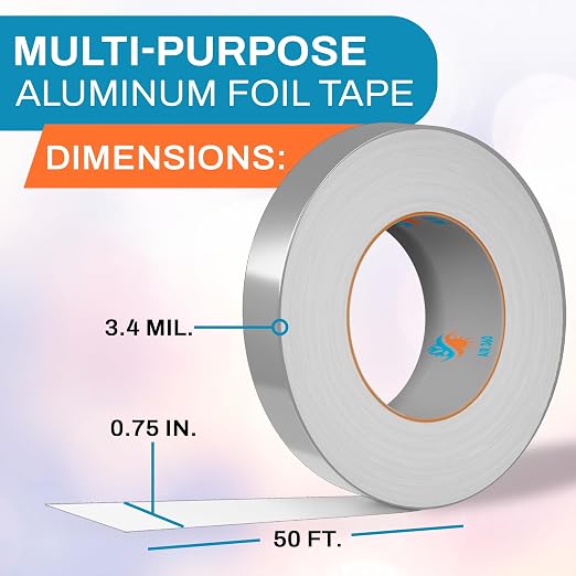 Aluminum 0,75" x 50 ft High Temperature Foil Duct Tape, HVAC Cold Weather 3/4" AC Tape, Waterproof Fire Proof Metal Tape for Air Conditioner, Thick Flex Duct Tape for Vent Repair, Pipe Insulation