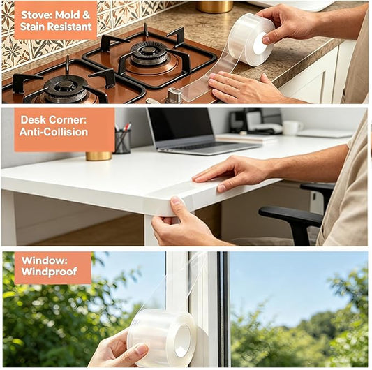 Transparent Window Weather Sealing Tape 2 Inch x 33 FT Weather Stripping Residue-Free Clear Window Insulation Caulk for Shower Glass Gaps and Clear Tape Doors Windows Windproof
