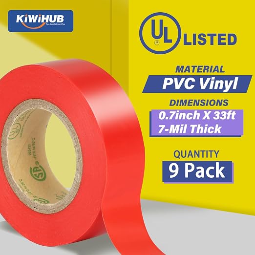 Red Electrical Tape, UL Approved, 9 Pack 0.7in X 33ft, Industrial Grade Vinyl Electrical Insulating Tape, Electric Tape for Improvement Electrical Equipment