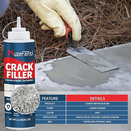 Concrete Crack Filler, Concrete Crack Sealant, Cement Powder for Concrete Crack Filling and Surface Patching, Mix with Water or Sand, Grey Cement Crack Filler for Walls, Floors, Driveways(2.2LB)