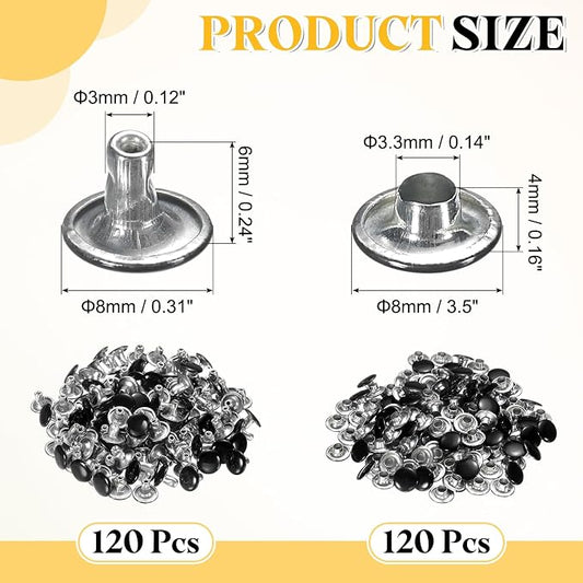 uxcell 120 Sets Leather Rivets, 8mm Double Cap Rivets, 6mm Height Tubular Metal Studs for Leather Craft Repair and Decoration DIY Clothes, Shoes, Bags, Belts, Bright Black