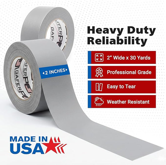 Gaffer Power Proudly Made in The USA, Real Professional Grade Gaffer Tape, Heavy Duty Gaffers Tape, Non-Reflective, Multipurpose. 2 Inches x 30 Yards, Grey