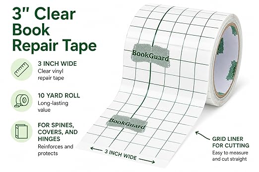 BookGuard 3" Clear Repair Tape, Acid-Free Archival-Safe Vinyl Mending Roll with Grid Liner for Spines, Covers, Hinges, Library Conservation & Restoration, 10 Yards