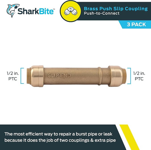 SharkBite 1/2 Inch Slip Coupling, Pack of 3, Push to Connect Brass Plumbing Fitting, PEX Pipe, Copper, CPVC, PE-RT, HDPE, U3008LF