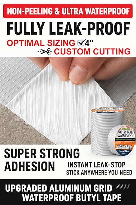 Butyl Waterproof Tape, 4" x 16' Aluminum Foil Sealant Tape for Leak-Proof Patching of Windows, Glass, Boats, Pipes,RV Roof & EPDM Roofs – Silver