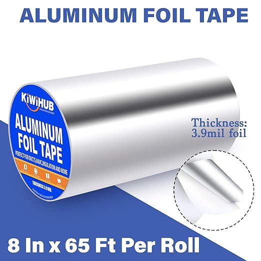 Aluminum Foil Tape, 8 inch x 65ft(3.9Mil), Heavy Duty HVAC Tape, Insulation Adhesive Metal Tapes for Ductwork, Dryer Vents Pipe, Sealing and Repairing