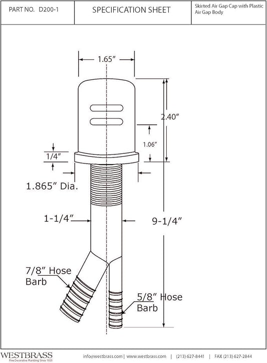 Westbrass Air Gap Kit with Skirted Brass Cap, Antique Copper, D200-1-11