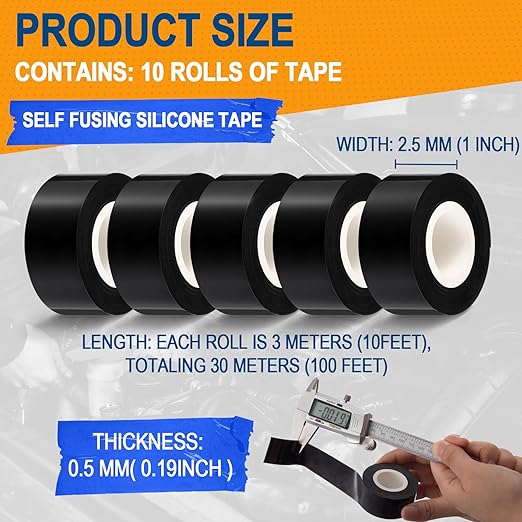 Pangda 10 Rolls Black Self Fusing Silicone Tape 1 in x 10ft Heavy Duty Electrical Tape Waterproof & Insulating Self Bonding Repair Bandage for Hose, Gym Equipment, Automotive, Outdoor & Repairs