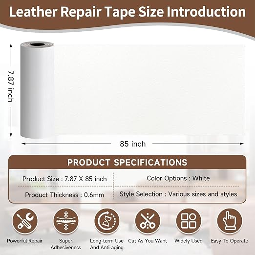 Leather Repair Tape, Heavy Duty Vinyl Repair Patch, Waterproof Self Adhesive Leather Repair Kit for Fixing Holes & Scratches on Couch, Car Seat, Furniture (White, 7.87x 85in)