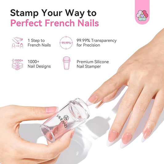 Saviland French Tip Nail Stamp: 4PCS Nail Art Stamper Kit Clear Silicone Nails Stamping Long & Short Jelly Stamper with Scrapers Nails Stamper Kit for French Manicure Home DIY Salon