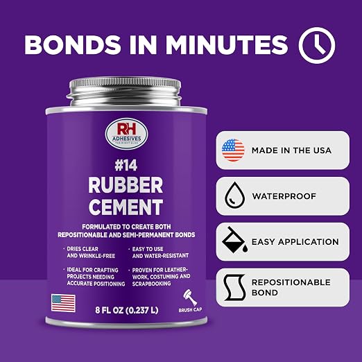 #14 Rubber Cement, 8 oz. can - Crafting, Leather, Upholstery, Costuming, Scrapbooking, DIY, Repostionable, Semi-Permanent - RH Adhesives