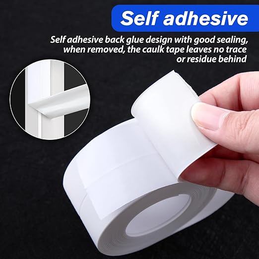 2 Rolls White & Black Caulk Tape Waterproof Self Adhesive Caulking Sealant Strip with Sealing Tool for Kitchen, Countertop, Bathroom, Sink, Bathtub, Toilet (1.5" x 10.5Ft)