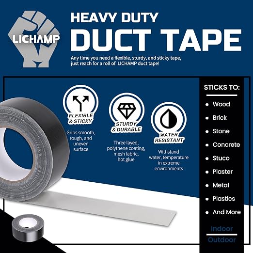 Lichamp Black Duct Tapes Heavy Duty, 17 Mil Waterproof No Residue Clear Duct Tape for Packaging Taping Sealing Repairing Tying, Thick & Wide Tape for DIY or Commercial Use, 2 inches x 25 Yards