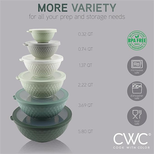 COOK WITH COLOR Mixing Bowls with Lids - 12 Piece Plastic Nesting Bowls Set includes 6 Prep Bowls and 6 Lids, Microwave Safe Mixing Bowl Set, Sage Embossed