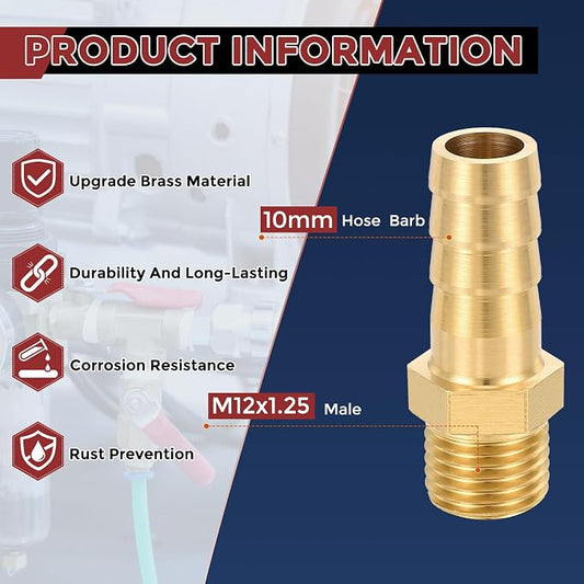 Pack of 10 Brass Hose Barb Fittings 10mm Hose Barb to M12x1.25 Male Fittings for Home Machines, Massage Bathtubs, and Irrigation Systems