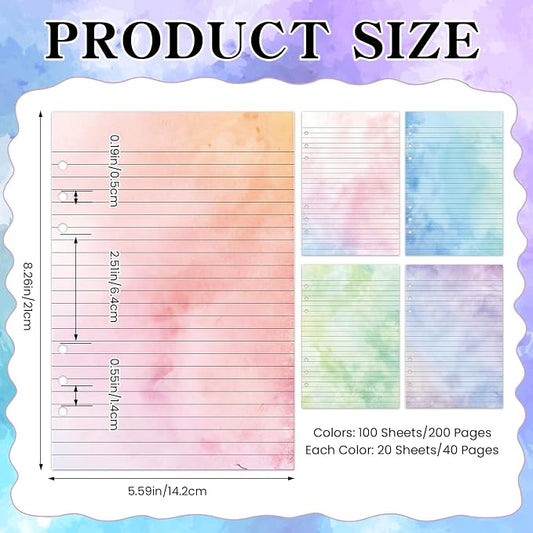 100 Sheets Gradient A5 Refill Papers for Planner Binder Insert with Pink Pu Leather 6 Ring Binder Cover, 120GSM Thick Watercolor Loose Leaf Papers Filler for Notebook Journal Girls Women Graduation