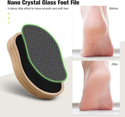 FERYES Glass Foot File Callus Remover with Bamboo Handle - Nano Glass Foot Scrubber for Dead Skin Pedicure File - Your Path to Silky, Smooth Feet
