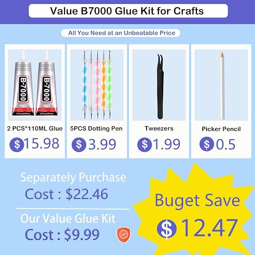 B7000 Adhesive Rhinestones Glue for Crafts, 2PCS 110ml / 3.7 fl oz with 5 Dotting Pen Tool, Wax Pencil and Tweezer, Jewelry Glue for DIY Craft, Makeup, Shoes, Jewelry Making, Nail Art