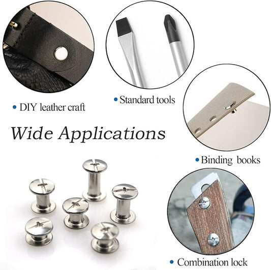 Silver Chicago Screws Leather Kit, 6 Sizes (M5 X 4, 5, 6, 8, 10, 12) | 90 Sets, Screw Rivets, For DIY Leather Craft, For Bookbinding