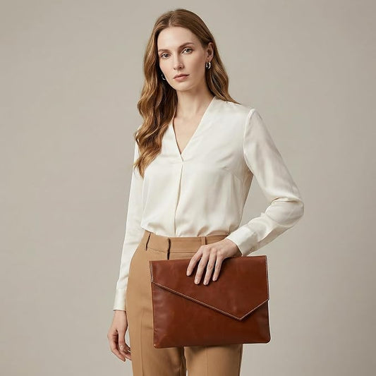 Vintage Leather 13.5" Business Clutch Envelope Bag Documents Certificate Laptop Sleeve Case Office File Folder (Orange)