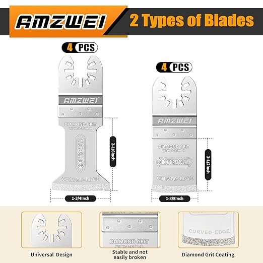 AMZWEI 8PCS Diamond Oscillating Tool Blades, Curved Edge Long Multi Tool Blades for Grout Removal, Cleaning Mortar, Fit Dewalt Milwaukee Rockwell Ridgid Ryobi Chicago Craftsman.(Thickness: 1/13 Inch)