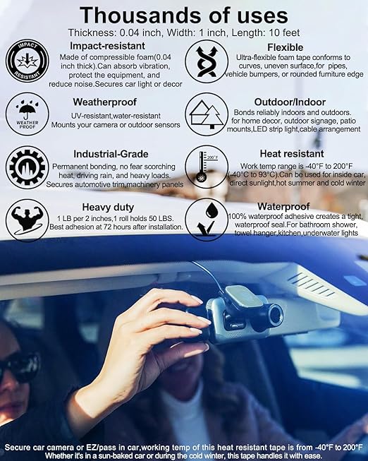 Thick Double Sided Foam Tape - Heat Resistant,Waterproof Adhesive Tape, Weatherproof Mounting Tape, 1in x 10ft - Wall Tape for Metal, Glass, Plastic -Automotive, DIY, Home & Industrial Use