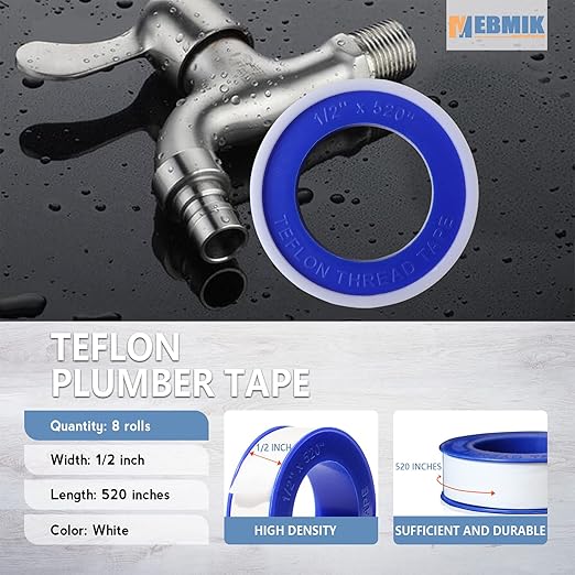 MEBMIK 8 Rolls Teflon Tape, 1/2 Inch X 520 Inches, PTFE Plumbers Tape, Thicker, Water Pipe Sealant, Prevent Leakage