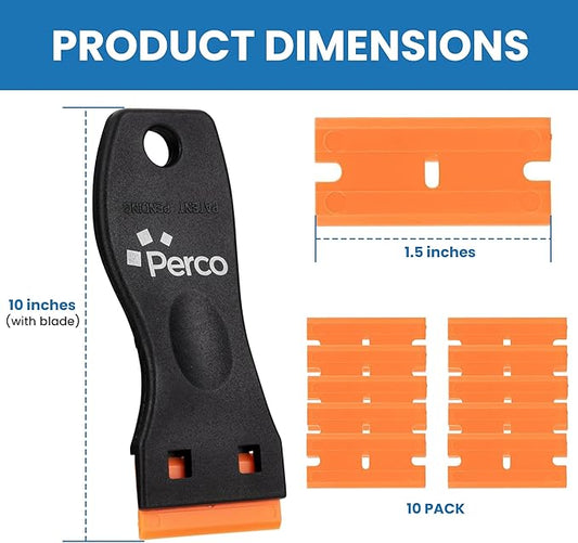 Perco Plastic Razor Blade Scraper with 10 Extra Plastic Blades – No-Scratch Adhesive & Sticker Remover Tool for Labels, Decals & Glue Residue – Safe Scraper for Glass, Windows & Car Surfaces