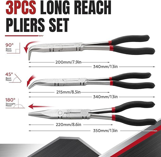 3 Pack 13 Inch Long Reach Needle Nose Pliers Set, Double Rivet with Straight 45° 90° Bent Tips for Automotive Hose Removal, Engine Repair and Tight Spaces