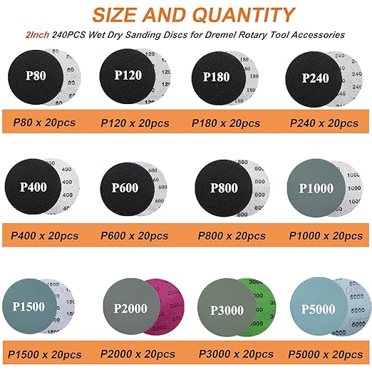 275PCS 2Inch Sanding Discs and Drum for Dremel Tool Accessories 80-5000 Grit Hook and Loop Sandpaper with 1/4" 1/8" Shank Sanding Pads Used for Resin/Rock/Making Jewelry Polishing