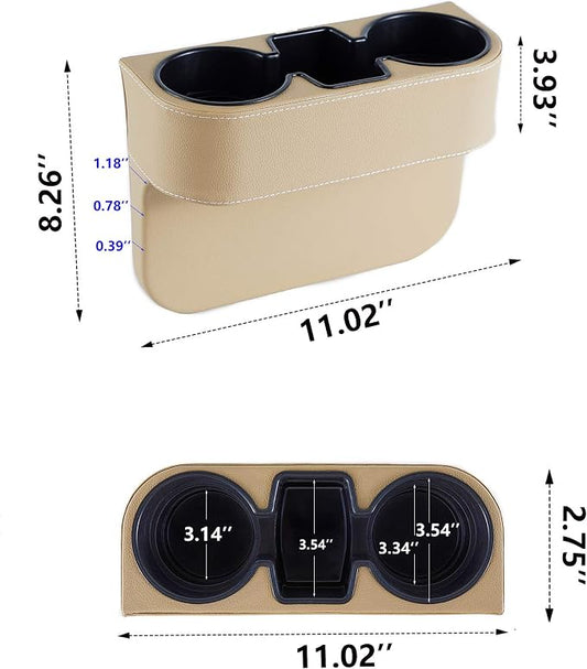 IOKONE Coin Side Pocket Console Side Pocket Leather Cover Car Cup Holder Auto Front Seat Organizer Cell Mobile Phone Holder (Beige)