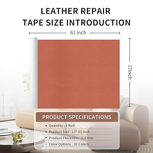 Leather Repair Patch Tape, Orange 17 x 61 Inches Self Adhesive Leather Repair Kit for Furniture, Car Seat,Vinyl Leather Repair Kit for Office Chairs, Bags, Luggage
