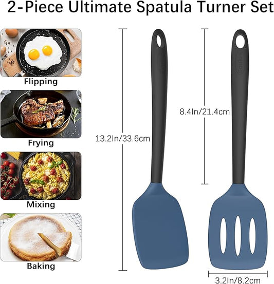 Coukre 2 Pack Silicone Spatula Set, High Heat Resistant, BPA Free Kitchen Spatula, Solid & Slotted Turner for Non-Stick Pans, Sautéing, and Flipping (2, DarkBlueBlack)