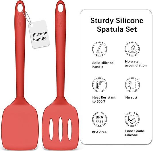 Coukre 2 Pack Silicone Spatula Set, High Heat Resistant, BPA Free Kitchen Spatula, Solid & Slotted Turner for Non-Stick Pans, Sautéing, and Flipping (2, SolidRed)